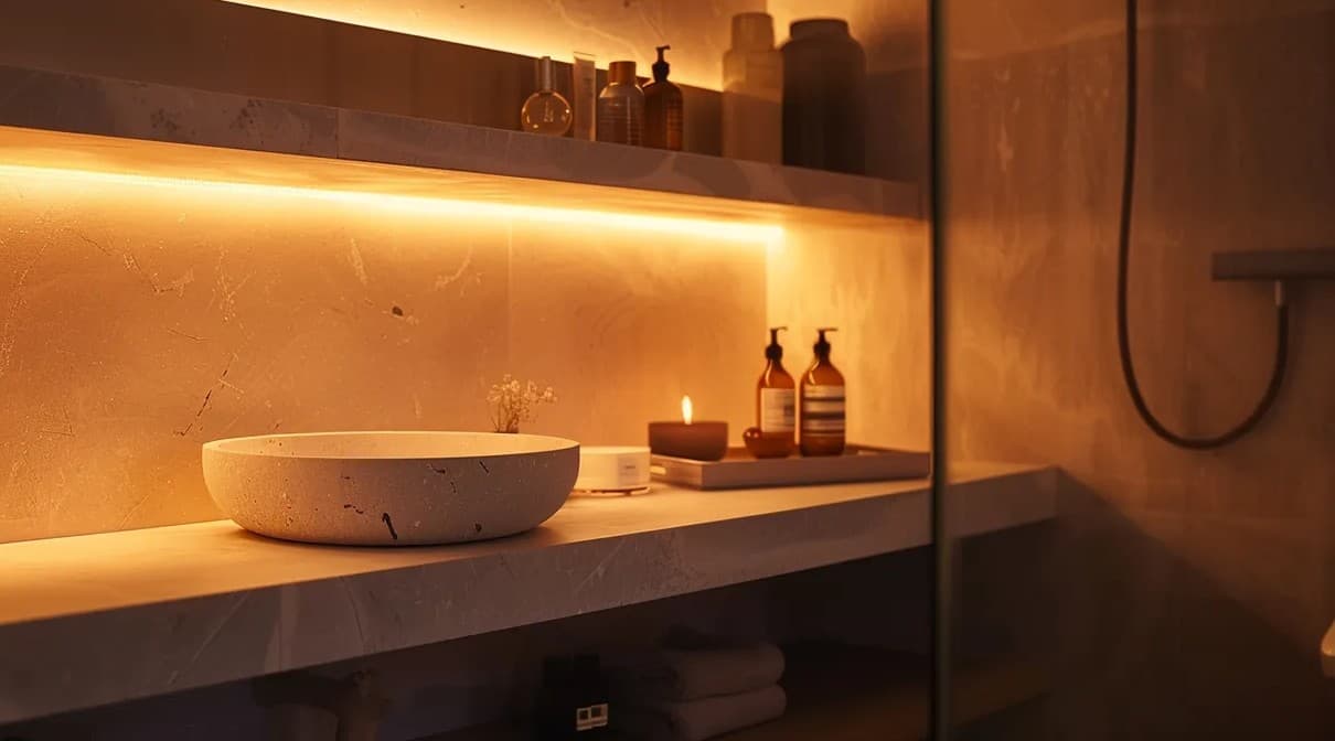 Warmly lit spa-style bathroom with a stone vessel sink, a backlit shelf, and a glass shower.