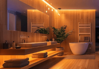 Warmly lit modern bathroom with a wood-panel feature wall, a floating vanity, and a freestanding tub.