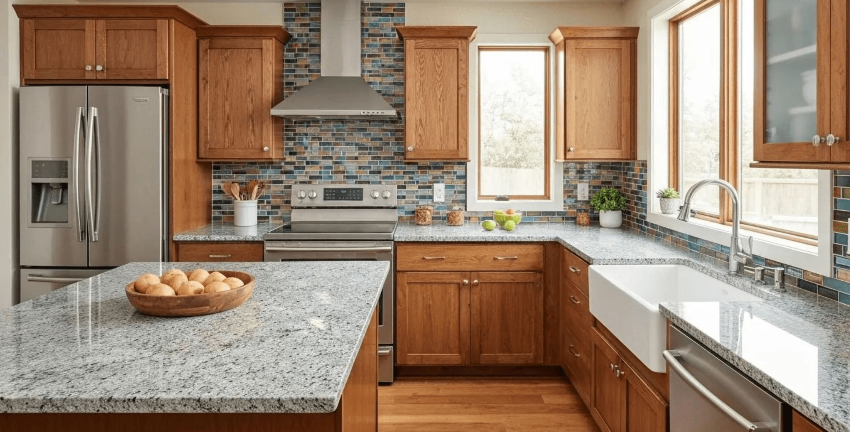 Traditional kitchen with oak cabinets, granite countertops, a glass-mosaic backsplash, and a farmhouse sink.