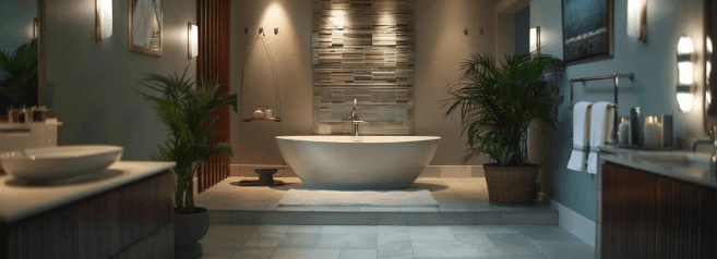 Spa-style bathroom with a freestanding tub, a stacked-stone feature wall, and dual vanities.
